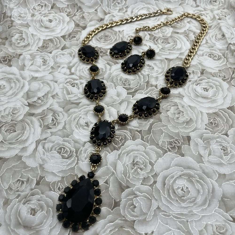 Necklace‎ & Dangle Earrings Gold Tone Black Faceted Teardrop Adjustable Fashion